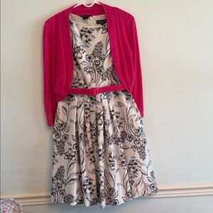 Jessica Howard Black & White Floral Midi Dress with Fuchsia Cardigan